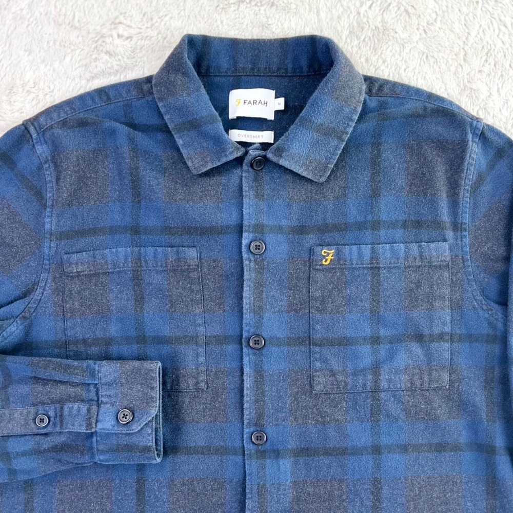 Farah Overshirt Flannel Shirt Men's MEDIUM Blue Gray Plaid Long Sleeve Button Up